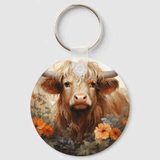 En blomsterrik Highland Cow-seriedesign 2 Nyckelring