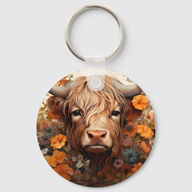 En blomsterrik Highland Cow-seriedesign 3 Nyckelring (Framsida)