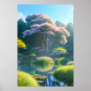 En blomstrande Haven vid Glowing Träd Poster