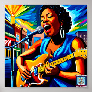 En Blues Woman Guitarist på gatan Poster