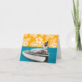 En boa, fab hat, ukulele och Schlitz på en båt Kort