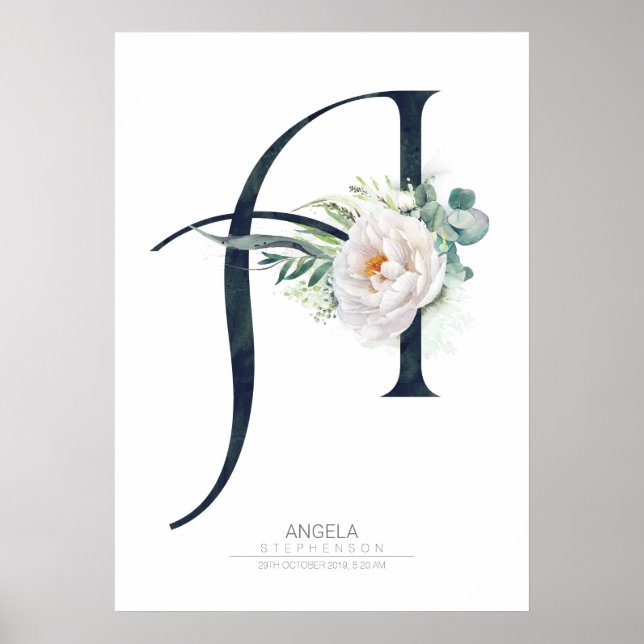 En bokstavsmonogram vita blommor och grönska poster (Framsidan)