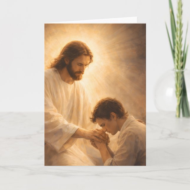 En bön på knä med Jesus Kort (Framsida)
