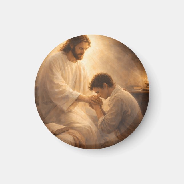 En bön på knä med Jesus Magnet (Framsidan)