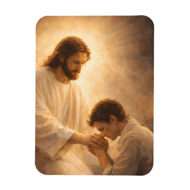En bön på knä med Jesus Magnet (Vertikal)