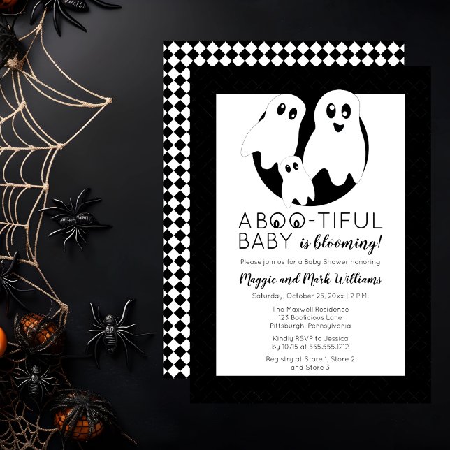 En BOO - TIFUL Baby är en blooming Halloween Showe Inbjudningar ("A BOO-Tiful [Beautiful] Baby Is Blooming!" Ghost-Themed Baby Shower Invitation)