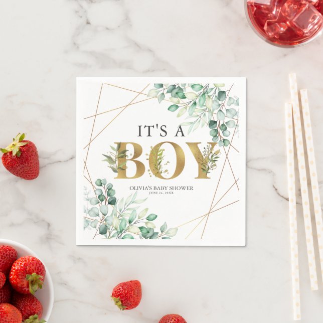 En Boy Greenery Eucalyptus Guld Baby Shower Pappersservett (Insitu)