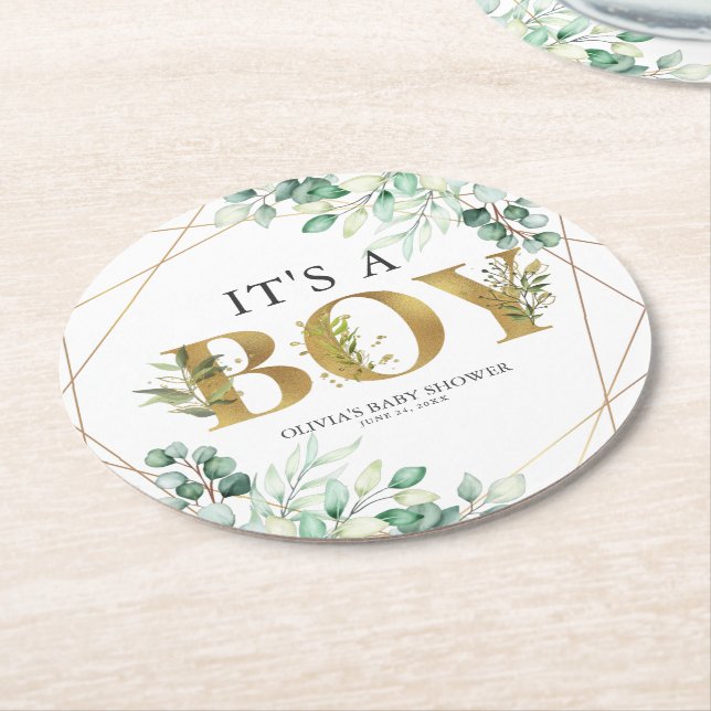 En Boy Greenery Eucalyptus Guld Baby Shower Underlägg Papper Rund (Vinklad)