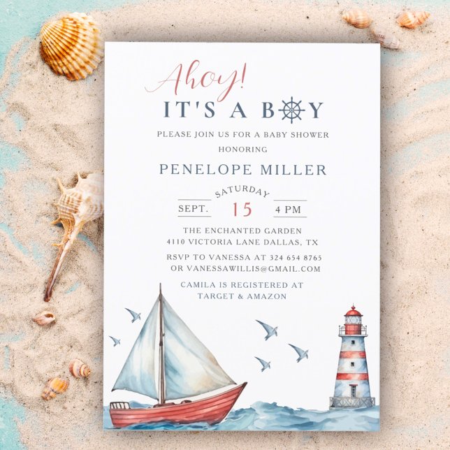 En Boy Watercolor Nautical Baby Shower Inbjudningar (Skapare uppladdad)