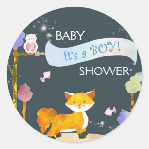 En BOY Woodland Fox Baby Shower Runt Klistermärke
