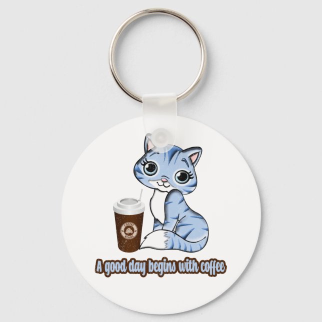 En Bra börjar med kaffe | Katt och kaffe Nyckelring (Framsida)