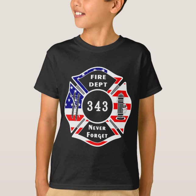 En brandman 9/11 glömmer aldrig 343 t-shirt (Framsida)