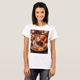 en bricka med ljus och blommor på den t shirt