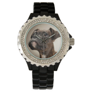 En Brindle boxarevalp som tittar upp curiously. Armbandsur