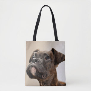 En Brindle boxarevalp som tittar upp curiously. Tygkasse