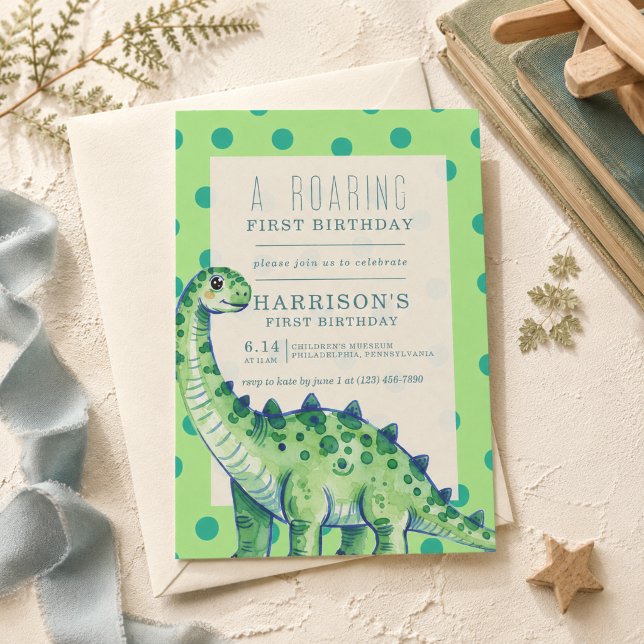 En bröllande födelsedagsinbjudan för dinosaurier inbjudningar (A Roaring First Birthday Dinosaur Invitation)