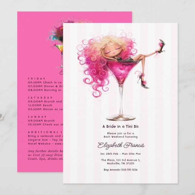 En brud i en liten rosa martini möhippa inbjudningar (Fram/baksida)