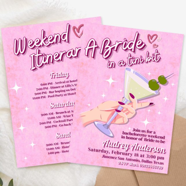 En Brud i lilla Bröllopsveckan Itinerary Inbjudningar (A Bride in Tini Bit Bachelorette Weekend Itinerary Invitation
)