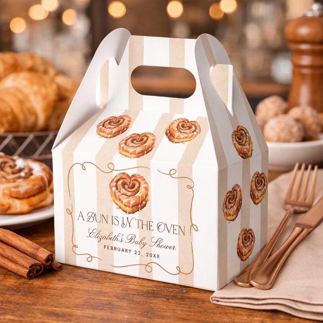En bulle i ugnen Canelbulltema Baby Shower Presentaskar (A Bun in the Oven Cinnamon Roll Theme Baby Shower Favor Boxes)