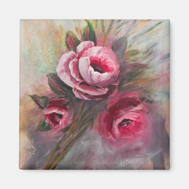 en bunch Rosa ros Painting gjord i akryl Magnet (Framsidan)