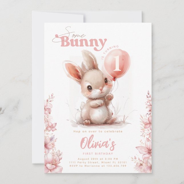 En Bunny är 1 Rosa Girl Första födelsedagen Inbjudningar (Framsida)