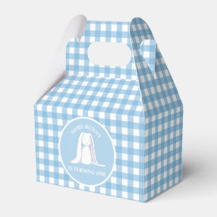 En Bunny är en blå Gingham Birthday Presentaskar