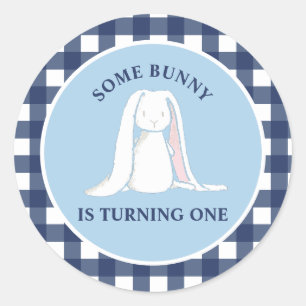 En Bunny är en blå Gingham Birthday Runt Klistermärke
