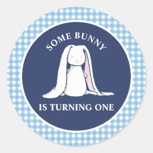 En Bunny är en blå Gingham Birthday Runt Klistermärke