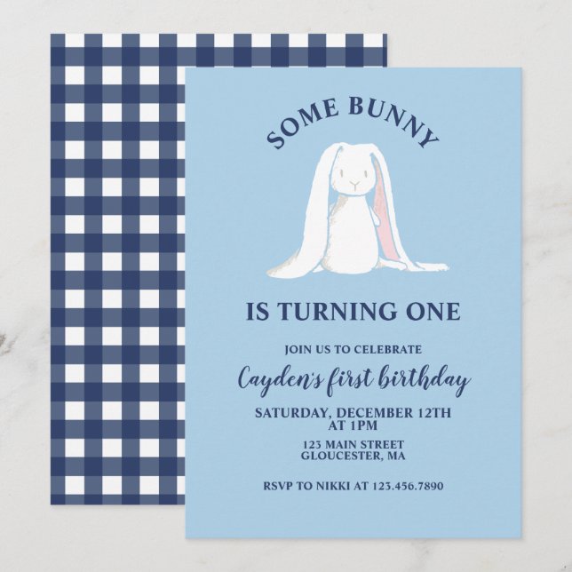 En Bunny är en blå inbjudan till första födelsedag (Fram/baksida)