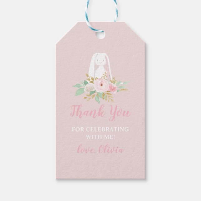 En Bunny är en Blommigt första födelsedag Tack Presentetikett (Framsidan)
