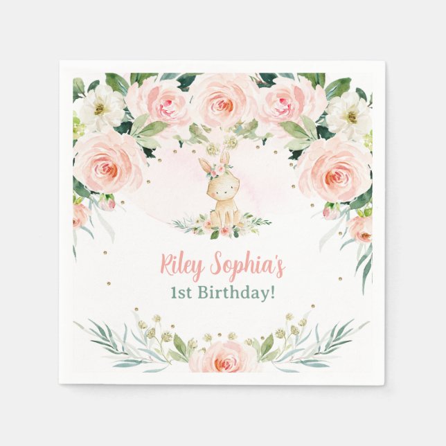 En Bunny är en Blommigt Rosa ros Rabbit Party Pappersservett (Framsidan)