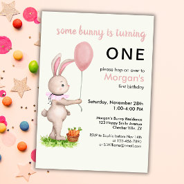 En Bunny är en Cute Rabbit Balloon 1:a födelsedage Inbjudningar
