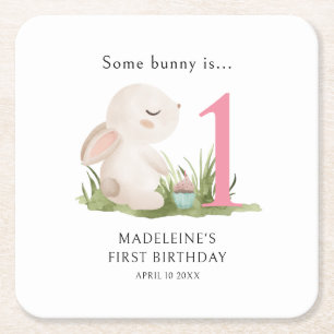 En Bunny är Rosa 1:a födelsedag Firande Underlägg Papper Kvadrat