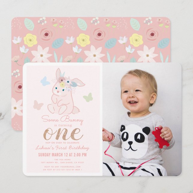 En Bunny Flower Krona Girl 1:a foto Birthday Inbjudningar (Fram/baksida)