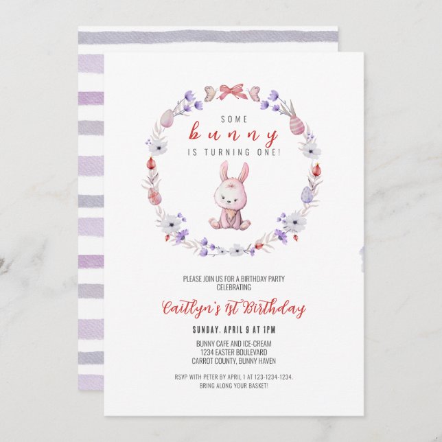 En Bunny gör om en, Vår 1:a födelsedagen Inbjudningar (Fram/baksida)