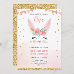 En Bunny Påsk Blommigt Rosa Flickans födelsedag Inbjudningar