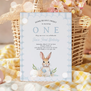 En Bunny Pastel Vår Blue Gingham 1st Birthday Inbjudningar