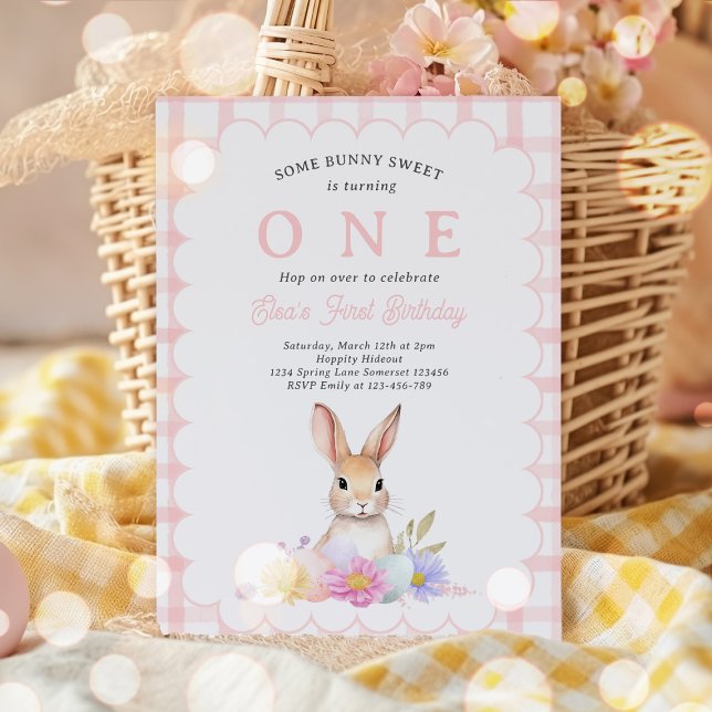En Bunny Pastel Vår Rosa Gingham 1st Birthday Inbjudningar (Skapare uppladdad)