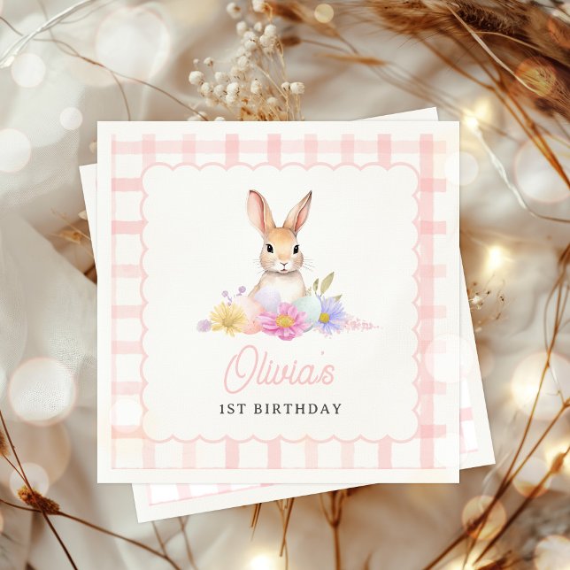 En Bunny Pastel Vår Rosa Gingham 1st Birthday Pappersservett (Skapare uppladdad)