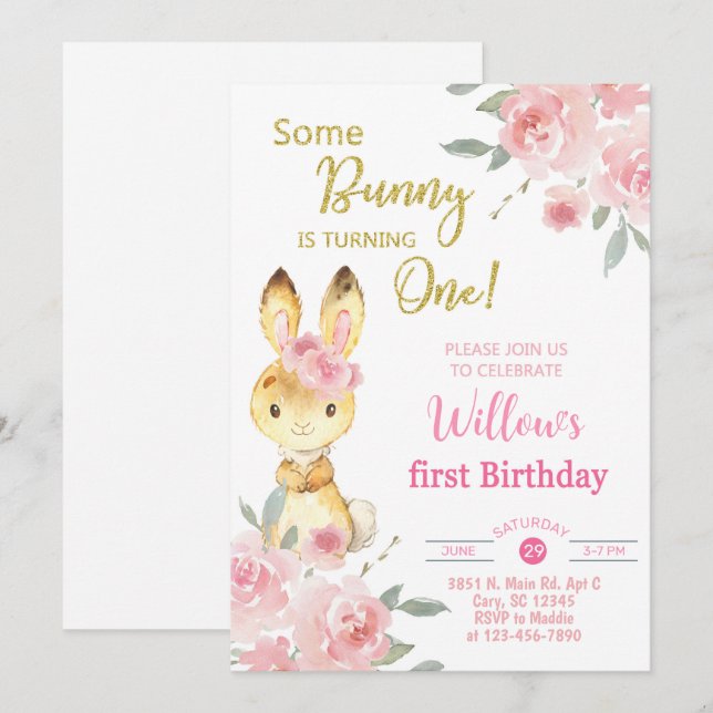 En bunny ringer en flickfödelserbjudande inbjudningar (Fram/baksida)
