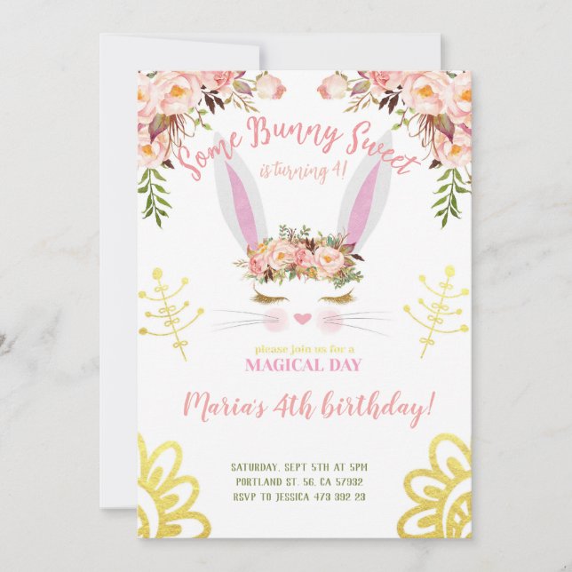 En Bunny Sweet Guld Blommigt Rabbit ansikte Birthd Inbjudningar (Framsida)