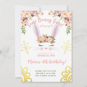 En Bunny Sweet Guld Blommigt Rabbit ansikte Birthd Inbjudningar