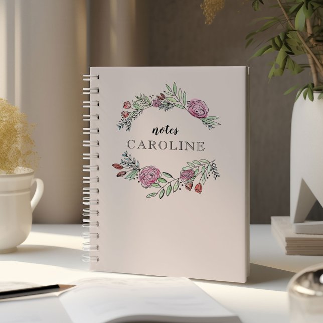 En Bushel- och Peck-Personlig-bärbar dator i Rosa Anteckningsbok (Pink watercolor floral laurels personalized notebook.)
