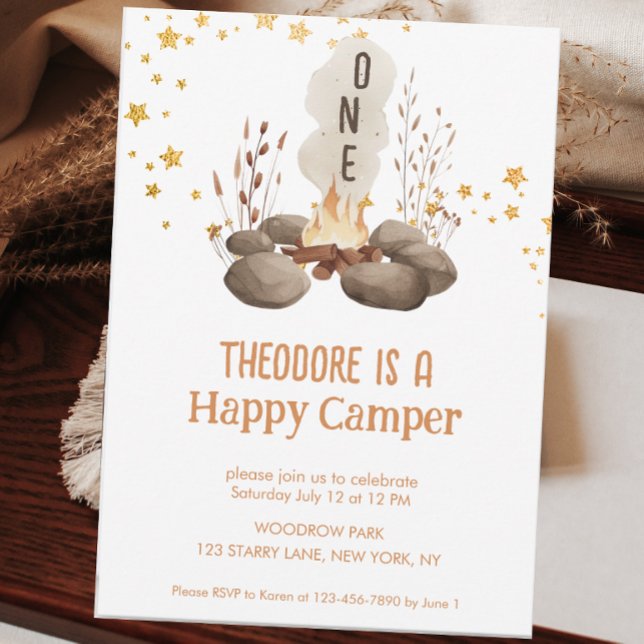 En Camper Cute Första födelsedag i Lycklig Inbjudningar (Skapare uppladdad)