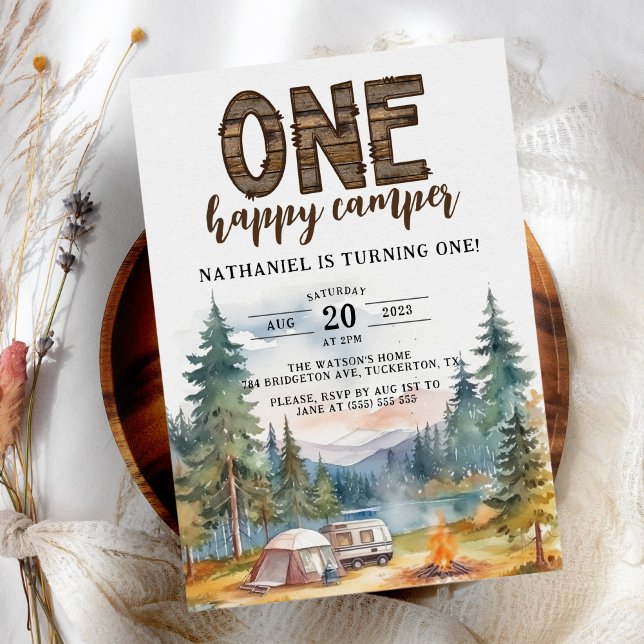 En Camper Rustic 1:a födelsedag Lycklig Inbjudningar (Skapare uppladdad)