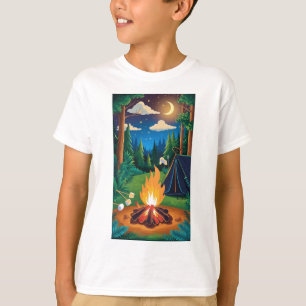 En campingbrand med marshmallow-rostning under en t shirt