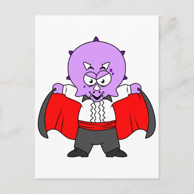 En Ceratops-dinosaur klädd som Greve Dracula. Vykort (Framsida)