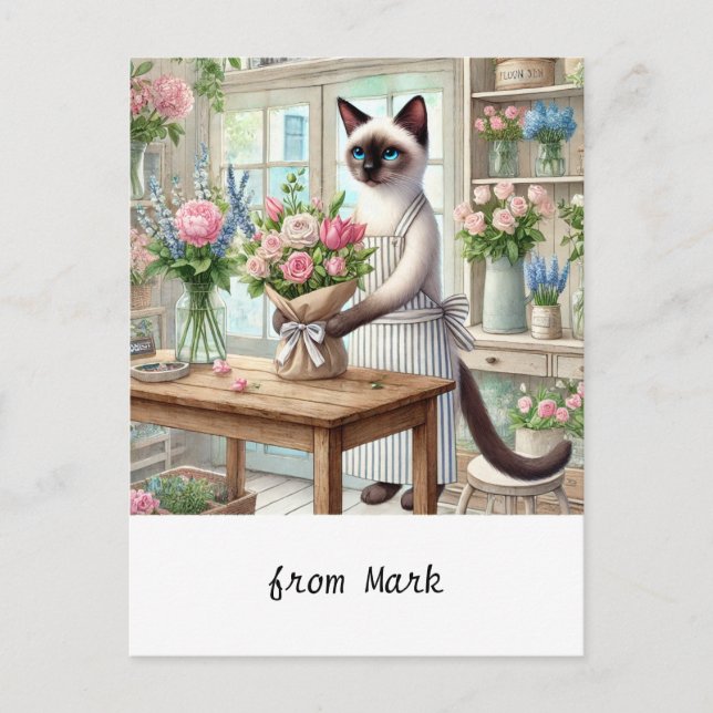 En charmig katt arrangerar omsorgsfullt vacker blo helg vykort (Framsida)