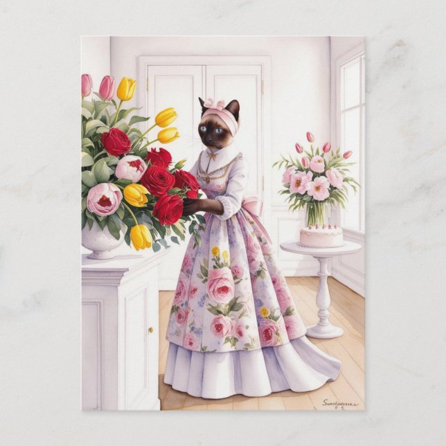 En charmig katt arrangerar omsorgsfullt vacker blo helg vykort (Framsida)