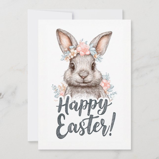 En charmig målad påsk med en söt kanin julkort (Framsida)